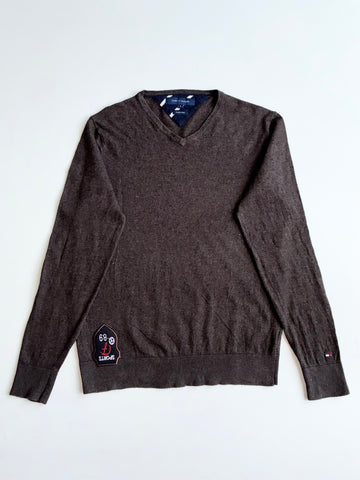 Tommy Hilfiger Brown Cotton Wool V-Neck Sweater – Sports 89 Patch (S)