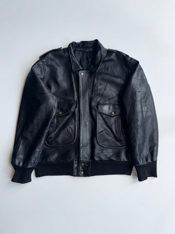 Vintage Black Leather Bomber Jacket with Snap Pockets (2Xl)