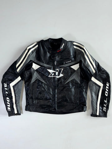 All One Vintage Black & Grey Genuine Leather Moto Racing Jacket (XL)