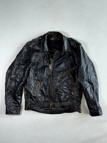 Vintage Black Leather Biker Jacket  Belted, Brass Zips, Classic Perfecto Style (XL)