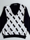 Lacoste Black & White Geometric Argyle V-Neck Sweater – Size (S)