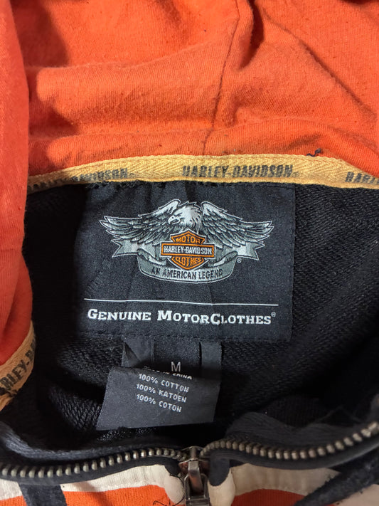 Vintage Harley-Davidson Black Orange Striped Zip-Up Hoodie (M)