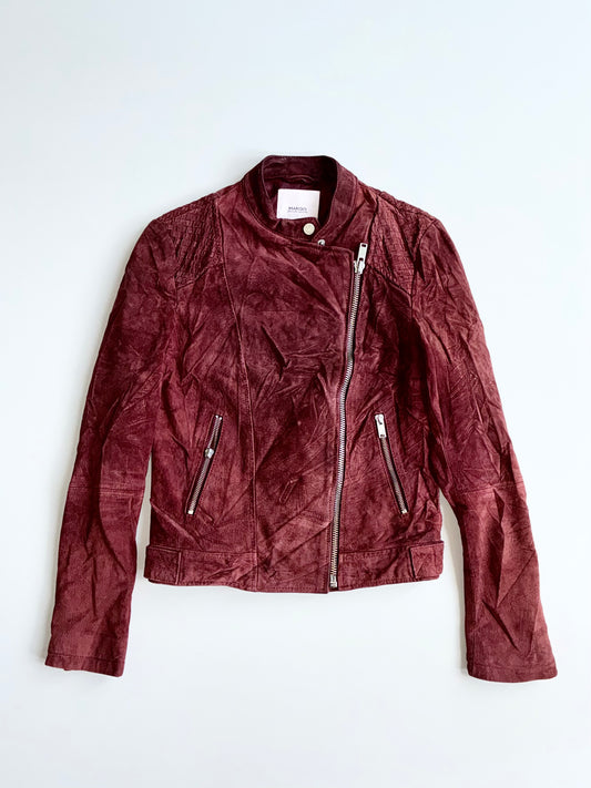 Mango Burgundy Genuine Suede Leather Biker Jacket – Woven Shoulder women’s (XXS)