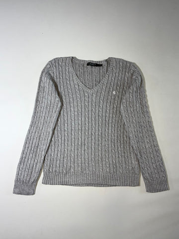 Lauren Ralph Lauren Heather Grey Cable Knit V-Neck Sweater Women’s (L)