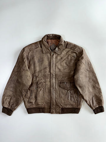 Vintage m Brown Leather Bomber Jacket with Western Frontier Map Lining Jacket (XL)
