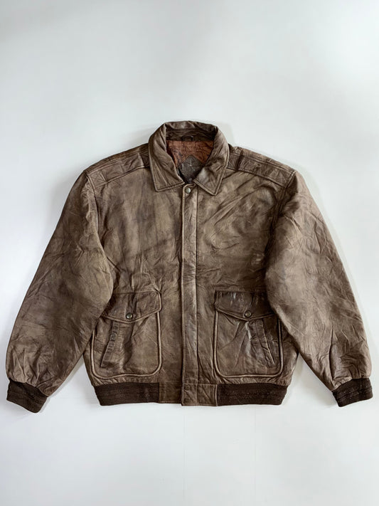 Vintage m Brown Leather Bomber Jacket with Western Frontier Map Lining Jacket (XL)