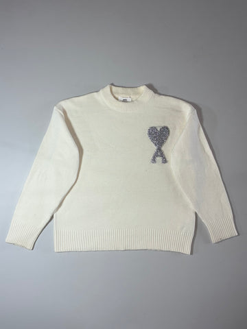 AMI Paris | Cream Knit Sweater Silver Ami de Coeur Logo | (XL)