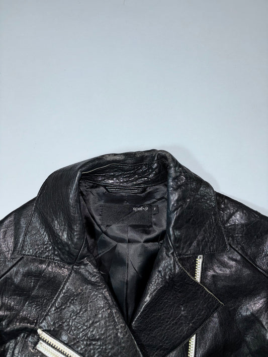 Spell Black Genuine Leather Asymmetrical Moto Biker Jacket with Silver Zippers (S)