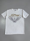Ed Hardy by Christian Audigier White Tee  Gold Script Logo, Winged Skull Front & Crossed Pistols Roses Back Graphic (M)