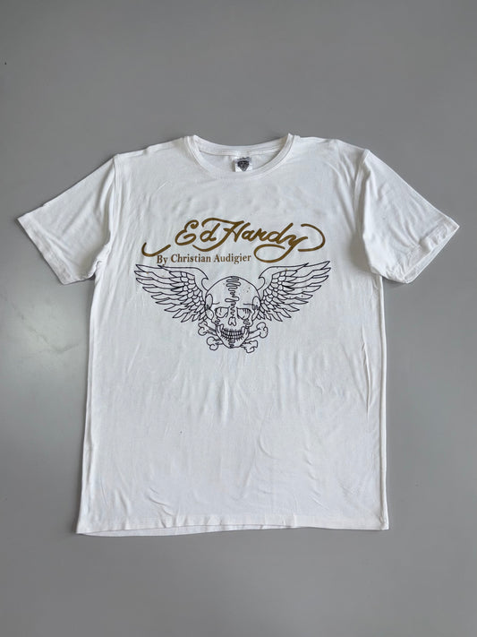 Ed Hardy by Christian Audigier White Tee  Gold Script Logo, Winged Skull Front & Crossed Pistols Roses Back Graphic (M)