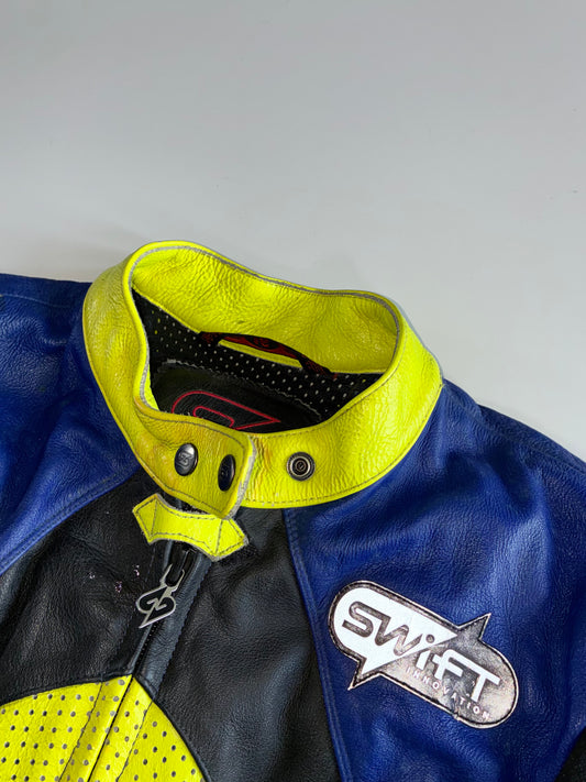 Vintage Swift Racing Two-Piece Leather Motorcycle Suit – Blue/Neon Yellow Knee Paded (M)  (W:35 | L:41)