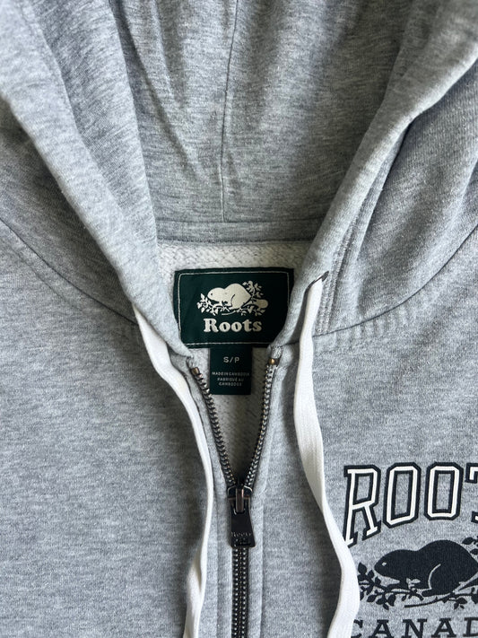 Roots Canada Full Zip Hoodie Grey Marl Beaver Arch Logo Fleece Sweatshirt (S)