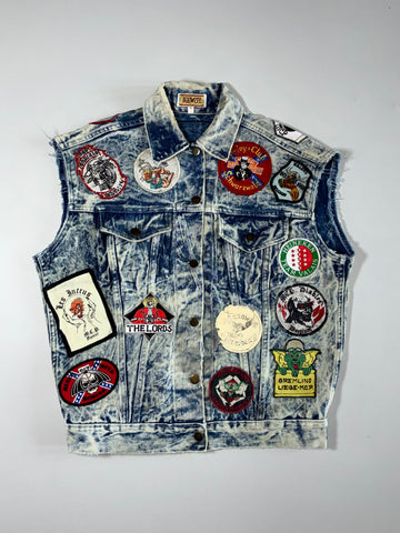 Vintage Revox Acid Wash Denim Biker Vest with Patches (M)
