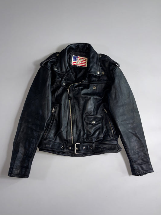 Fieldsheer Cruiser Leather Motorcycle Jacket –Black, Belted (S/M)