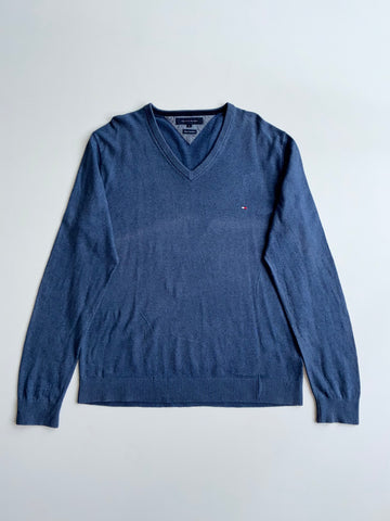 Tommy Hilfiger Blue Cotton Cashmere V-Neck Sweater – Size (L)
