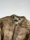 Vintage Arroy Distressed Leather Aviator Bomber Jacket – Tan Brown – Aviation Print Lining (XL)