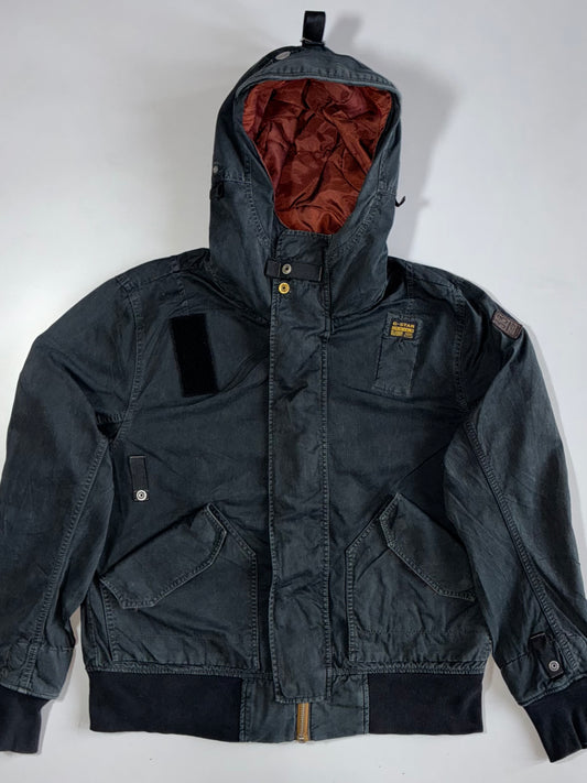G-Star Raw Original Denim Hardware-Detail W/ Utility Pockets Hooded Bomber Jacket Washed Black (RARE) (L/XL)