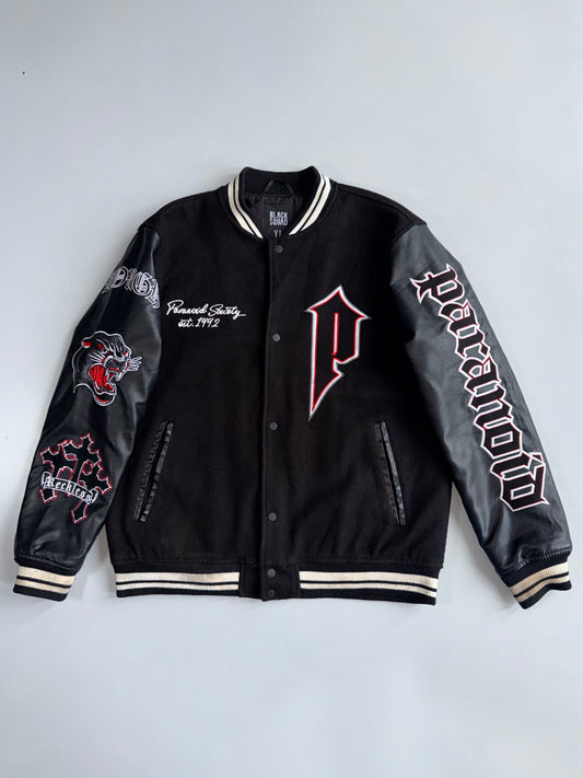 Black Squad Paranoid Society Varsity Jacket Black Squad With Rhinestones (XL)