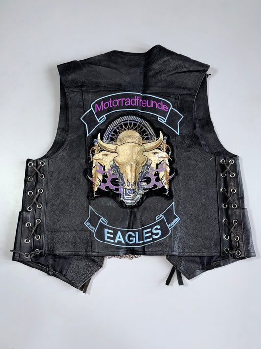 Vintage German Biker Club Leather Vest Motorradfreunde Eagles Patch, Chain Hardware (M/L)