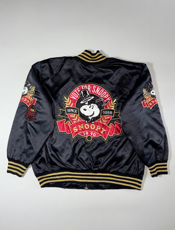 Vintage Snoopy Satin Bomber Jacket – Black/Gold Striped(XL)