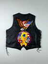 Vintage Patched Black Leather Biker Vest with Braided Trim & Side Lacing  (3XL)