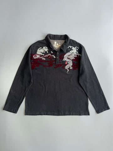 Japanese Dragon Wave Embroidered Polo Long Sleeve T-Shirt (Xl/2Xl)