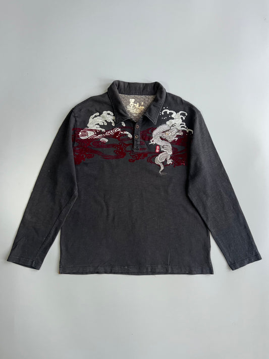 Japanese Dragon Wave Embroidered Polo Long Sleeve T-Shirt (Xl/2Xl)