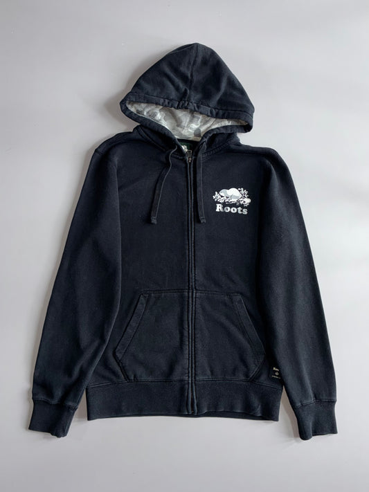 Roots Canada Zip-Up Hoodie Black Full Zip Hoodie with Camo Lined Hood  (S)