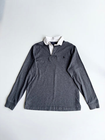 Polo Ralph Lauren Rugby Shirt — Grey Long Sleeve, White Collar (L)
