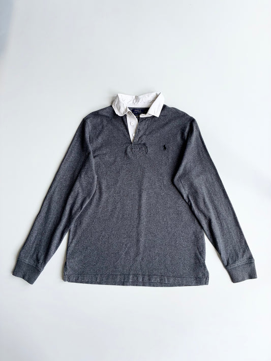 Polo Ralph Lauren Rugby Shirt — Grey Long Sleeve, White Collar (L)
