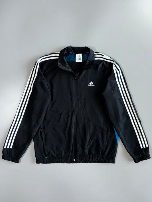 Adidas Climalite 3-Stripe Blue Side Panel Mesh-Lined Black Full-Zip Windbreaker Track Jacket (L/XL)
