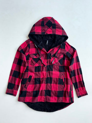 FB Red & Black Buffalo Check Sherpa-Lined Hooded Flannel Shacket (S/M)