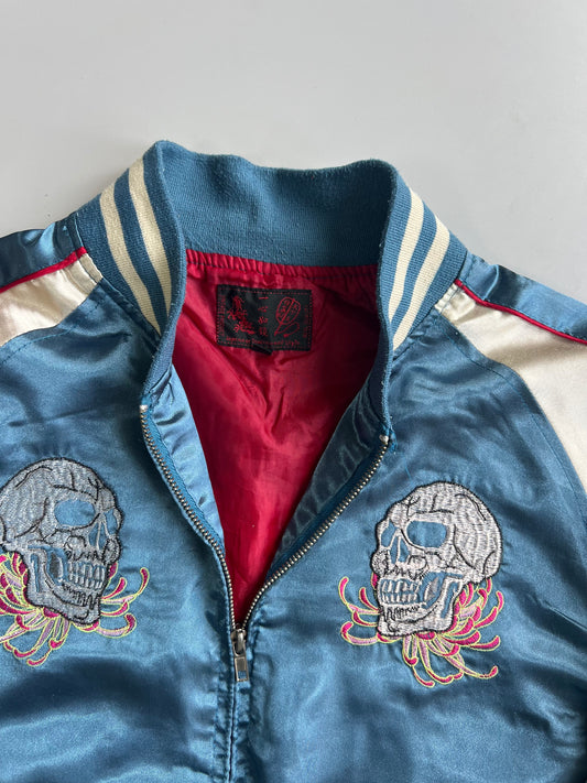 Sukajan Satin Bomber Jacket Skull Chrysanthemum Embroidery Chelsea FC Patch (M)