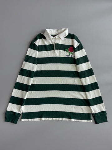 Polo Ralph Lauren Rugby Shirt Green & White Striped Long Sleeve Polo w/ Rose Embroidery, Men’s (XL)