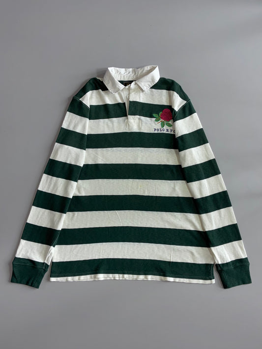 Polo Ralph Lauren Rugby Shirt Green & White Striped Long Sleeve Polo w/ Rose Embroidery, Men’s (XL)