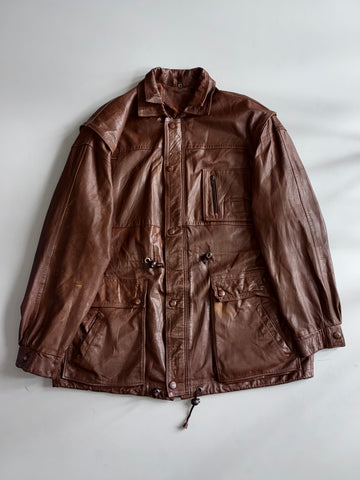 Vintage Brown Leather Field Jacket with Drawstring Waist (XL)