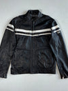 Yes Zee Urban Chic Black Leather Café Racer Jacket – White Racing Stripes, Distressed Finish (L)