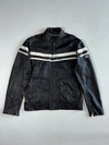 Yes Zee Urban Chic Black Leather Café Racer Jacket – White Racing Stripes, Distressed Finish (L)