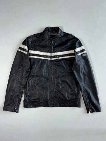 Yes Zee Urban Chic Black Leather Café Racer Jacket – White Racing Stripes, Distressed Finish (L)