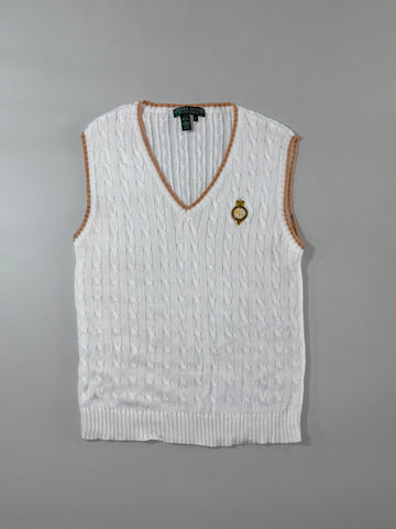 Lauren Active Ralph Lauren Cable Knit Sweater Vest — White w/ Crest Logo, Women’s (XS)