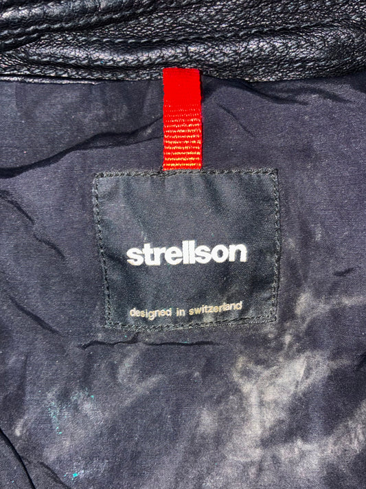 Strellson Black Leather Racer Jacket Swiss-Designed Moto Jacket with Red Zip Pull (M)
