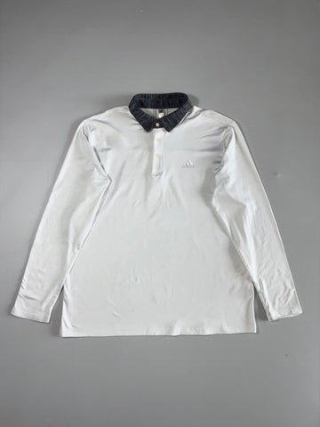 Adidas White Long Sleeve Polo, Heather Grey Collar (2XL)