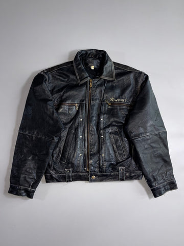 042nd Street” Leather Trucker Jacket – Black with Contrast Stitching (XL)