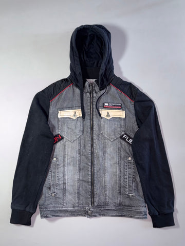 Y2K FUBU The Collection Grey Denim Hooded Hybrid Jacket (M)