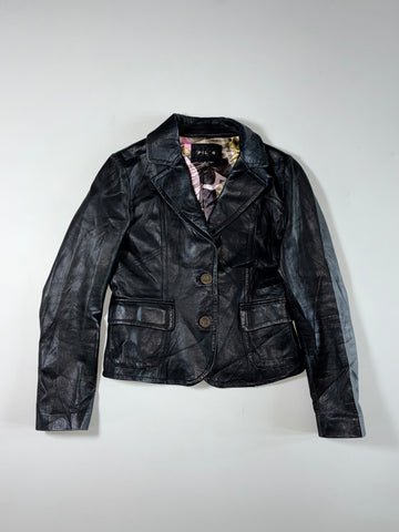 Pil's | Black Leather Blazer – Printed Satin Lining women’s (XXS)