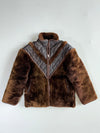 Vintage Italian Brown Sherpa Fur Jacket with Quilted Leather Chevron Yoke – Made in Italy (S/M)