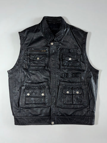Vintage Black Leather Multi-Pocket Utility Vest (L)