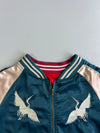 Japanese Souvenir Sukajan Crane Bonsai Embroidered Reversible Satin Bomber Jacket Teal (S)