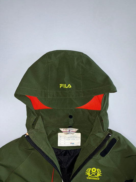 Fila Technical Hooded Outdoor Jacket | Olive Green Black Red Colorblock Military Crest (L)
