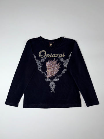 Oniarai Rhinestone Dragon Graphic V-Neck Longsleeve (M)